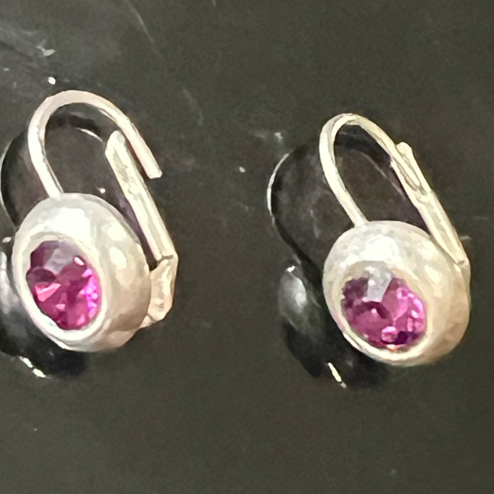Silver and purple stone drop earrings